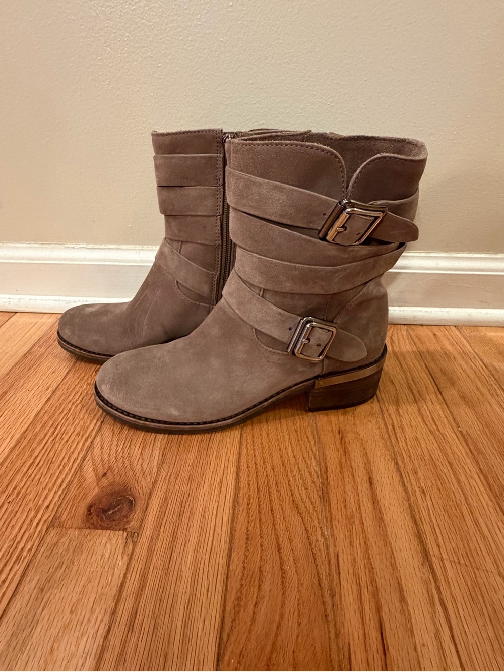 Vince Camuto Webey Moto Boots Taupe Suede Multi-Buckle Detail Low Block Heel